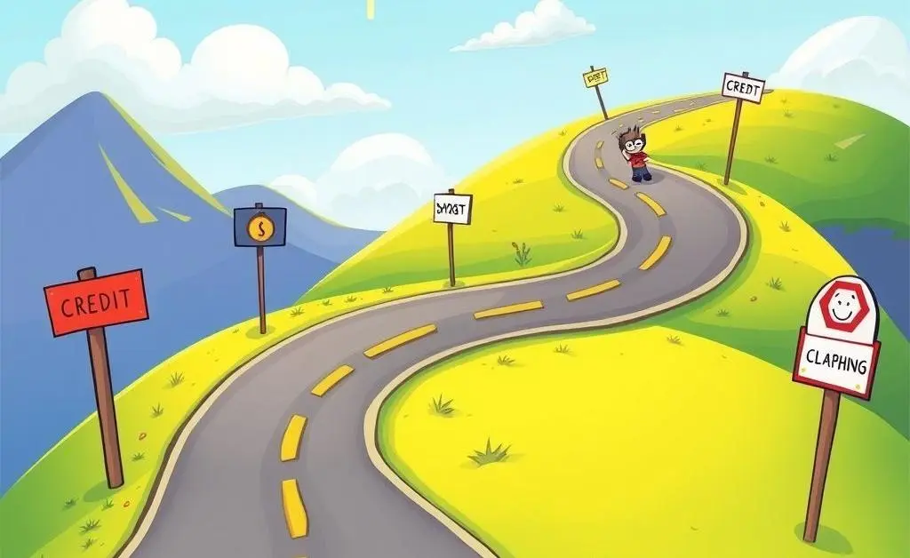 A cartoon-style road with different credit milestones.