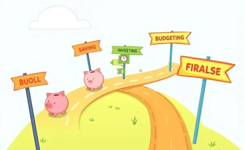 A cartoon-style roadmap with milestones like saving, investing, and budgeting.