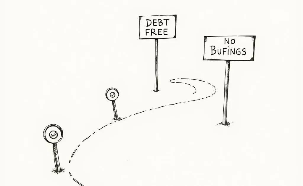 A hand-drawn roadmap depicting different financial milestones leading to a 'Debt-Free' sign.