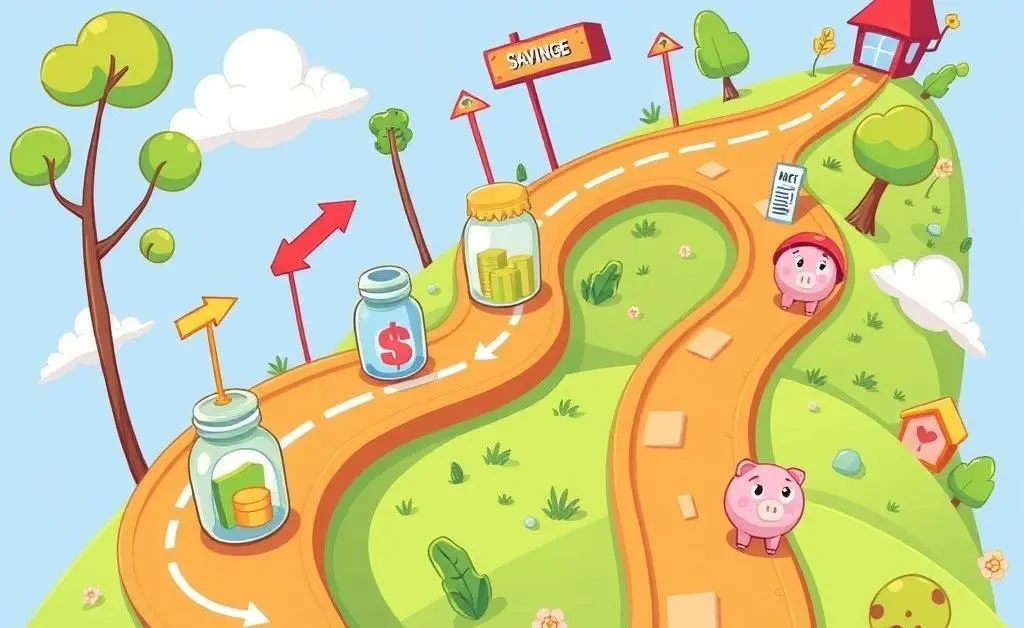 A cartoon-style image of a roadmap with financial milestones.