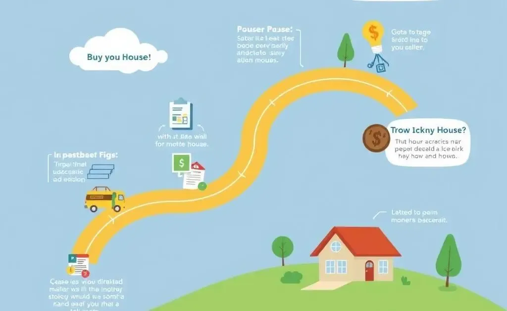 A cartoon-style roadmap illustrating a personal financial journey from budgeting to buying a house