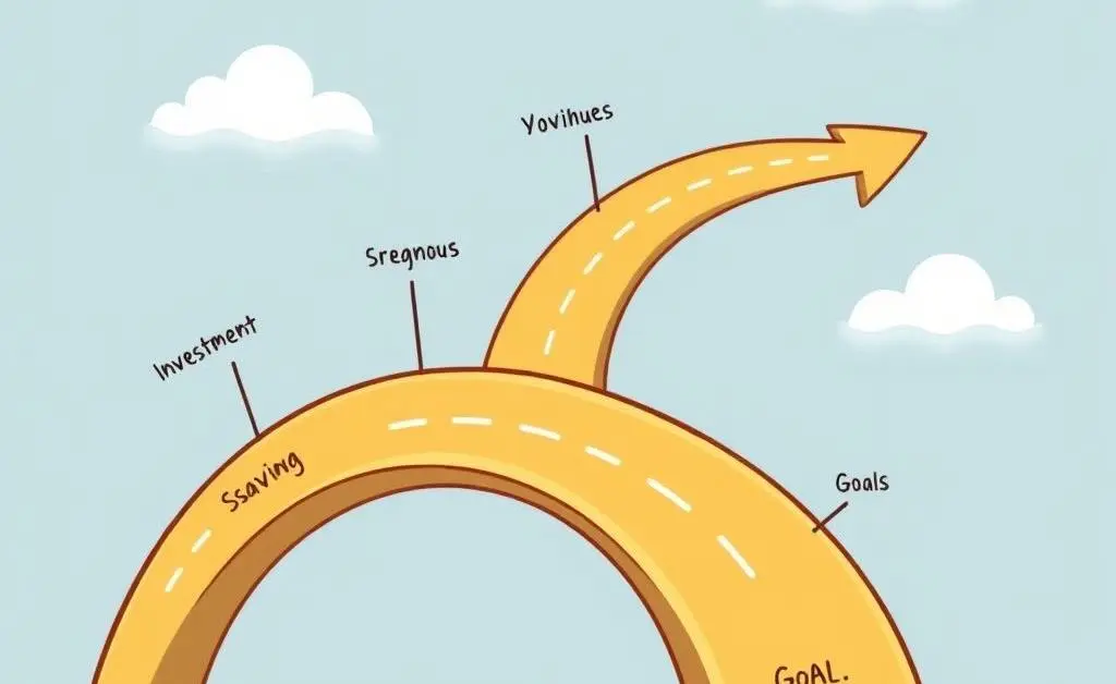 Financial roadmap with milestones labeled as savings, investments, and goals.