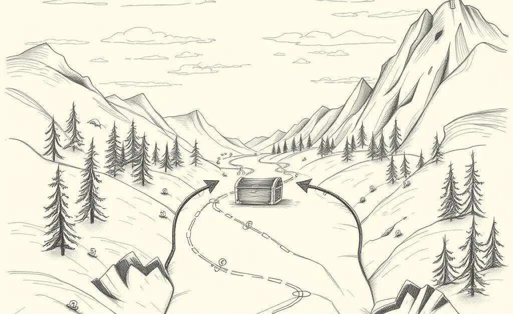 Hand-drawn roadmap leading to a treasure chest, symbolizing the path to financial independence.