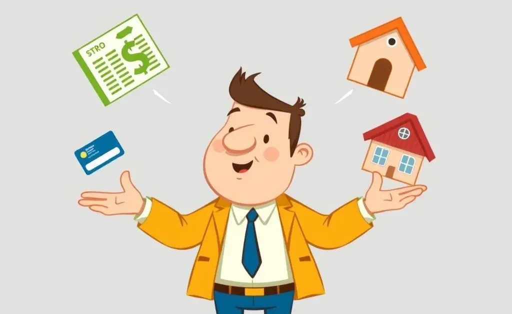 Cartoon person juggling icons representing loans, credit cards, and a home