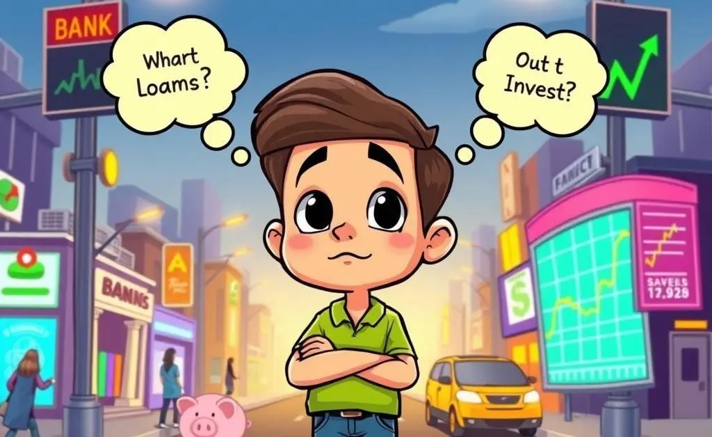 A person at a financial crossroad contemplating different paths.