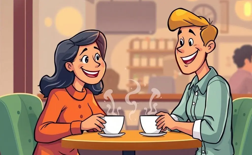 Cartoon of two friends chatting over coffee about managing finances.