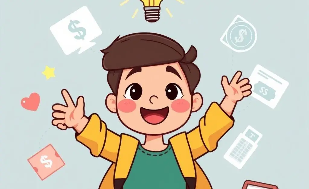 Empowered student with financial literacy symbols like a piggy bank and calculator