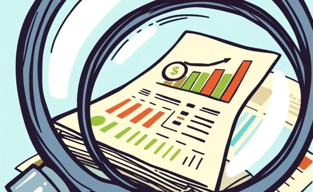A magnifying glass focusing on financial documents