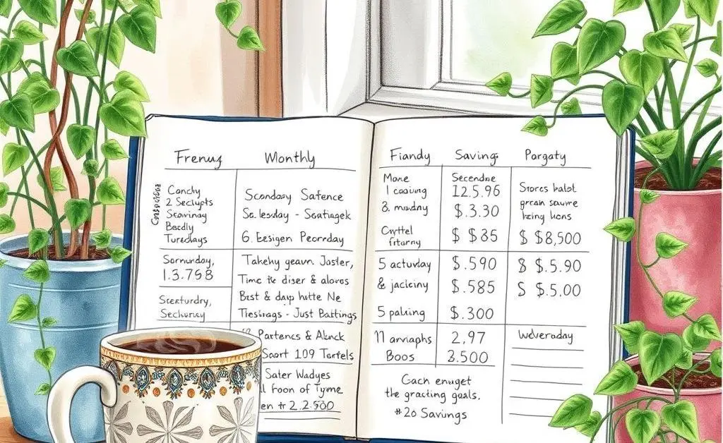 A planner with budgeting goals laid out on a cozy desk
