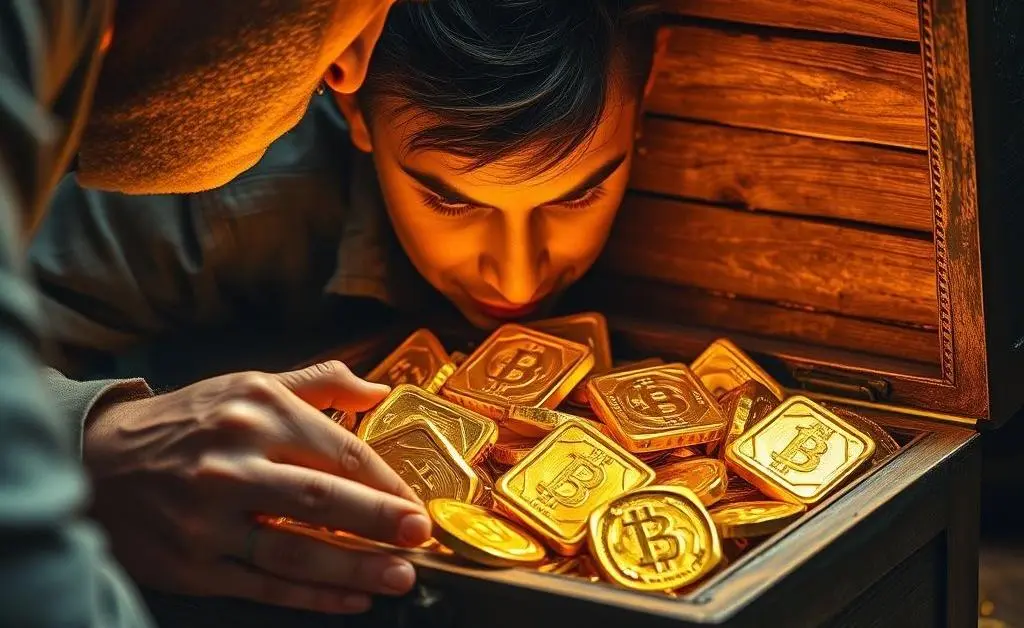 A person finding golden nuggets labeled with financial benefits in a treasure chest