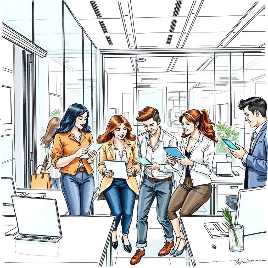 Illustration of a financial office with professionals collaborating