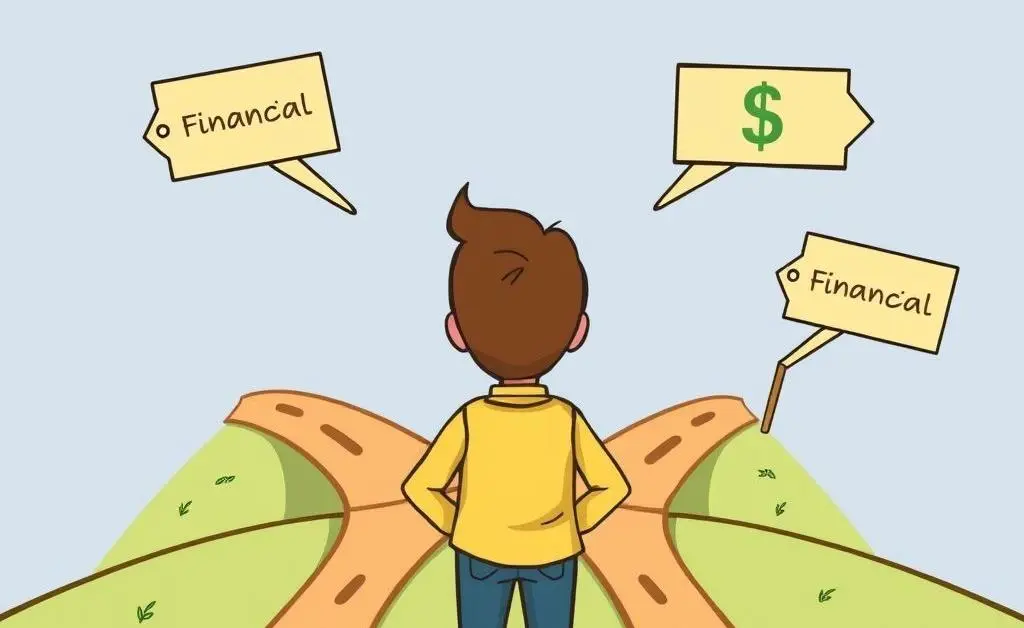 A cartoon-style illustration of a person at a crossroads with different financial paths