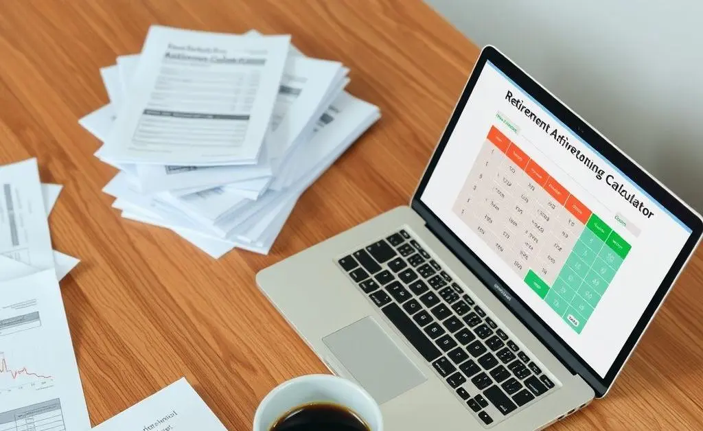 Tidy desk with financial documents and a laptop showing a retirement calculator