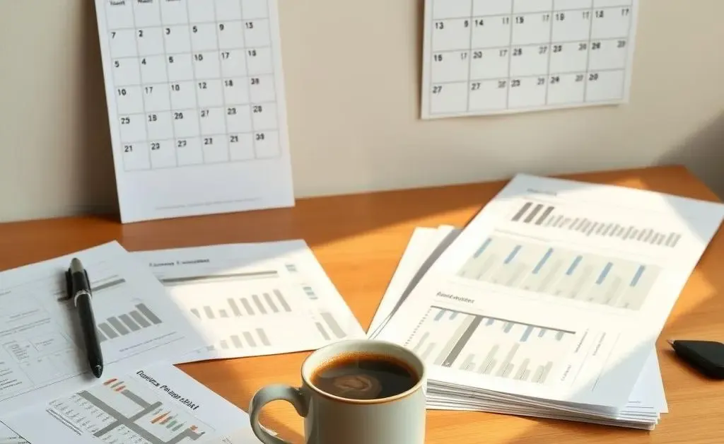 An organized desk with financial documents and coffee