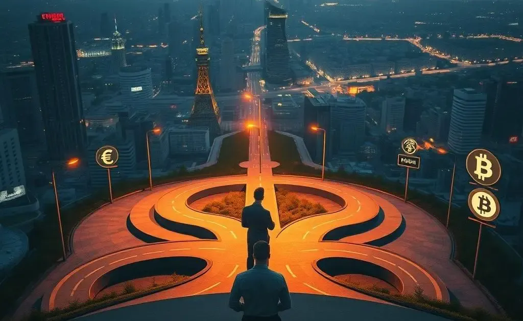 Person at a crossroads with financial symbols