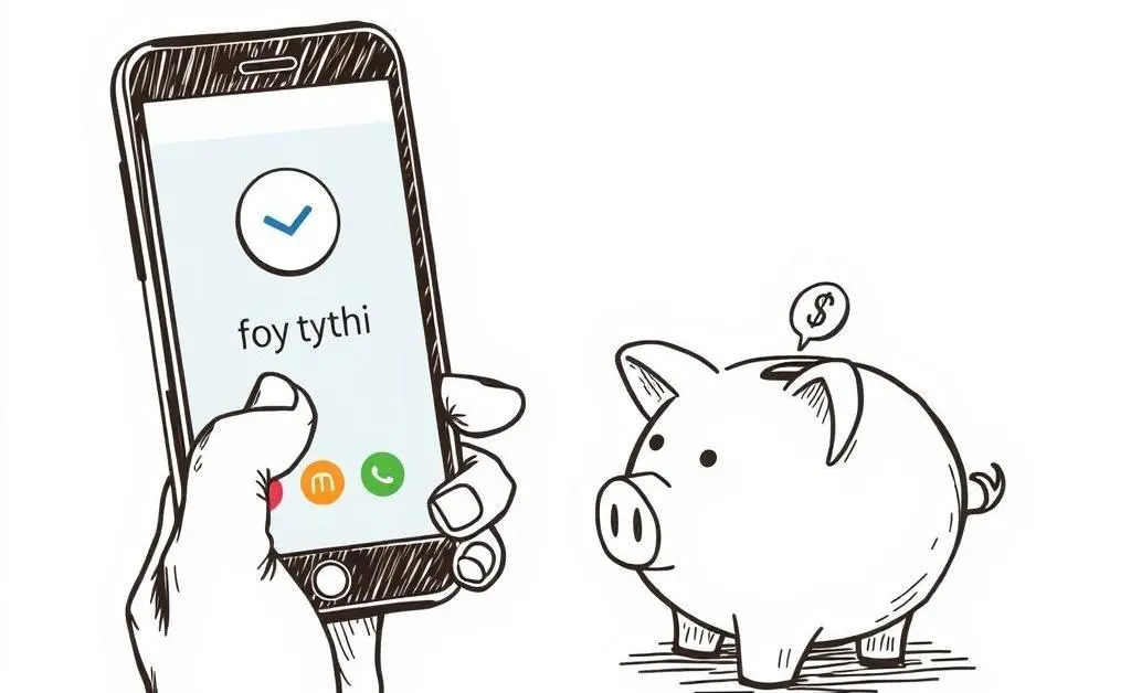 Hand-drawn illustration of a person downloading a financial app next to a piggy bank.