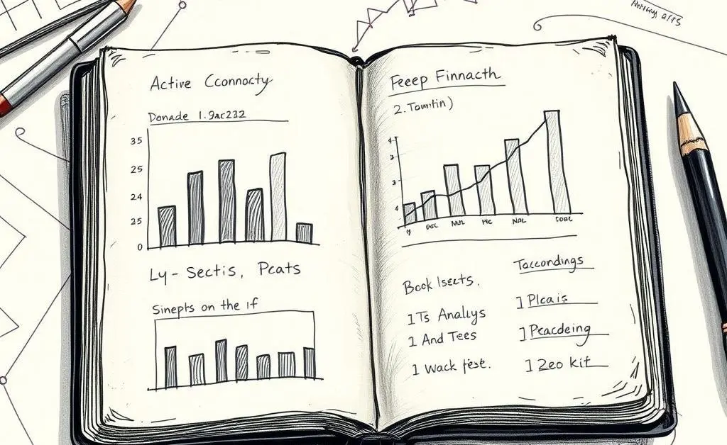 A hand-drawn scene of a journal open with sketched graphs and financial notes