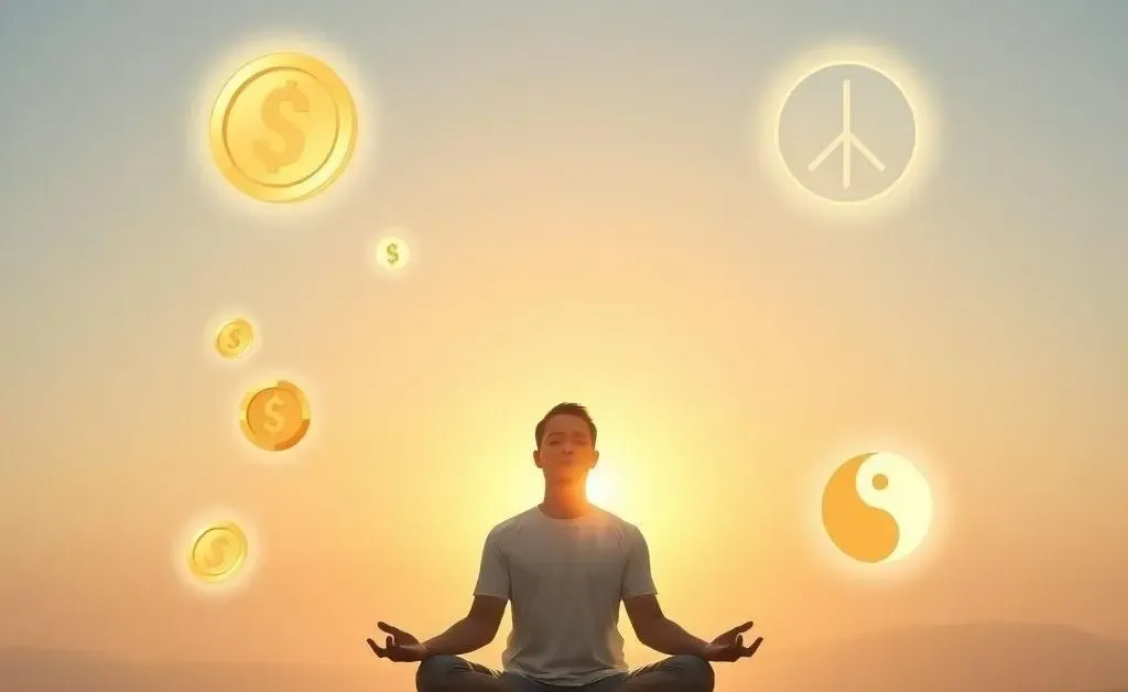 A peaceful scene of a person meditating with floating symbols