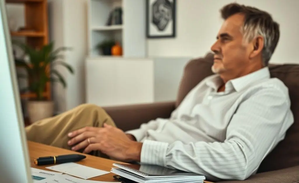 Relaxing at home with financial documents neatly arranged