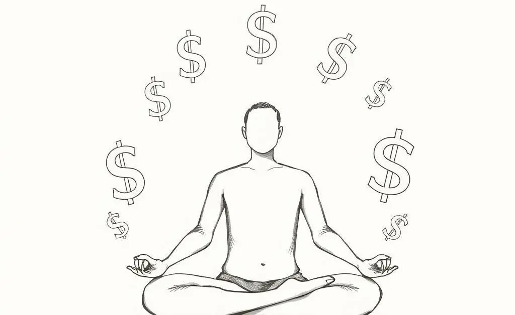 Hand-drawn image of a person peacefully meditating, surrounded by financial symbols.