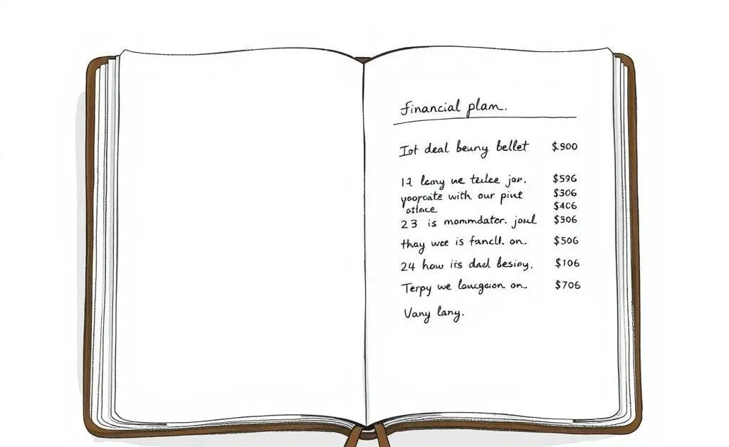A minimalist drawing of a journal open to a page with a handwritten financial plan.