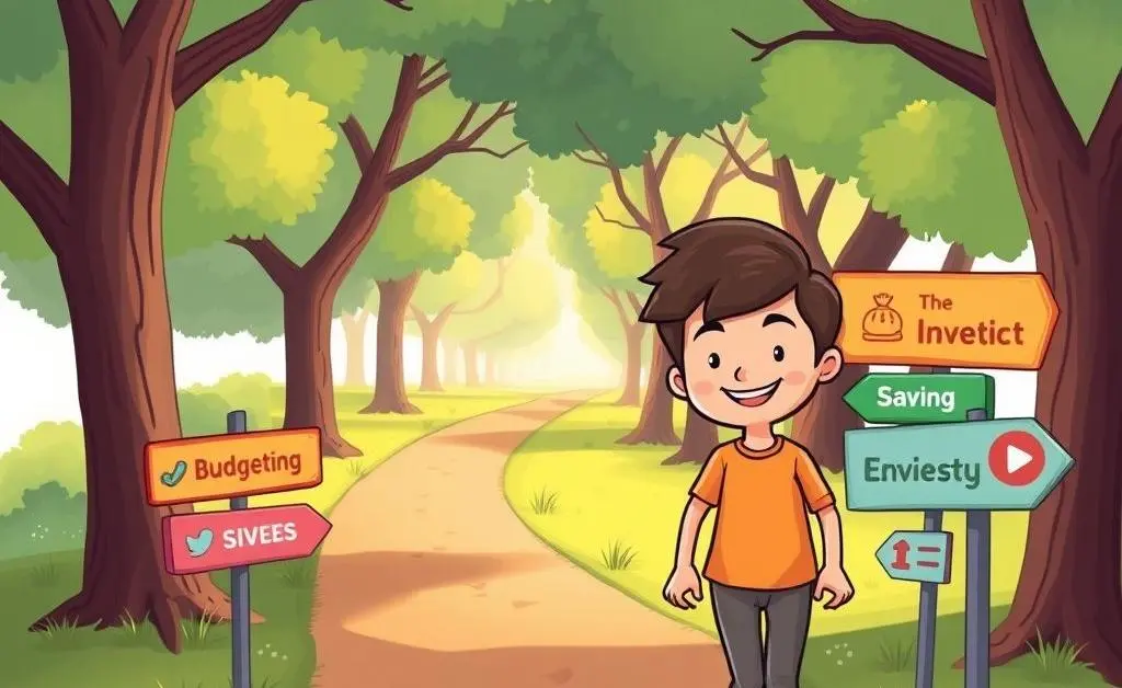 Journey to financial peace with signposts showing tips