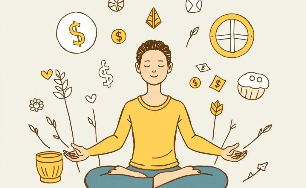 Person meditating surrounded by symbols of financial growth