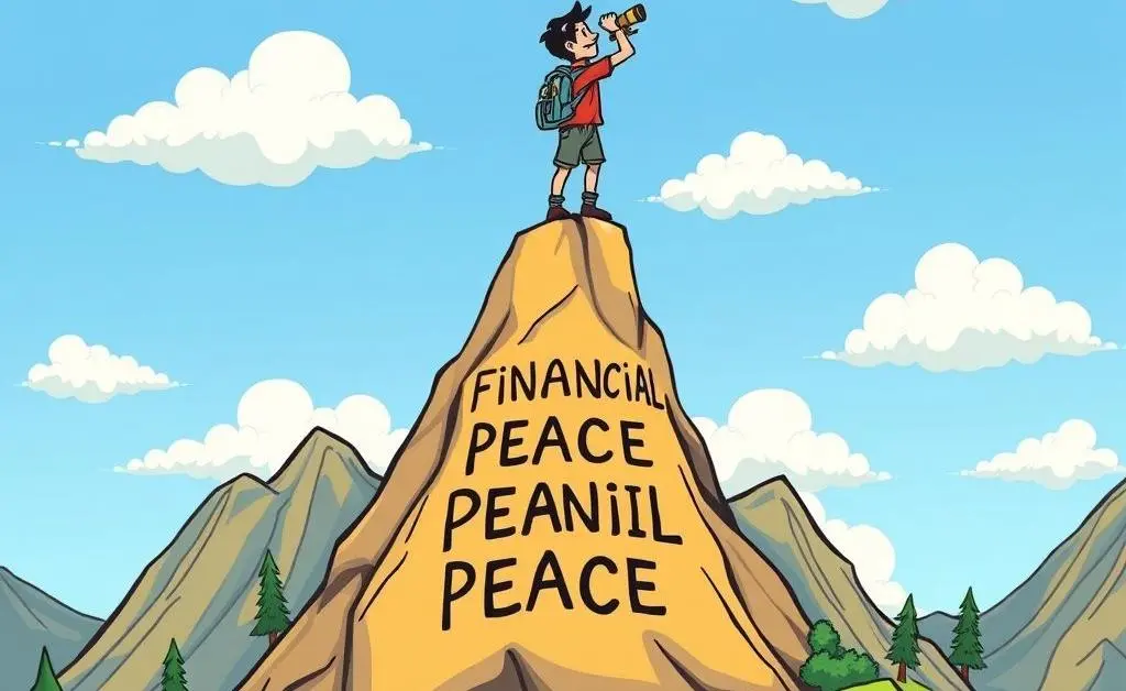 Person reaching financial peace mountain