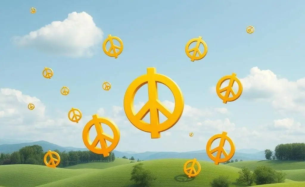A peaceful landscape with various symbols of financial peace floating around.