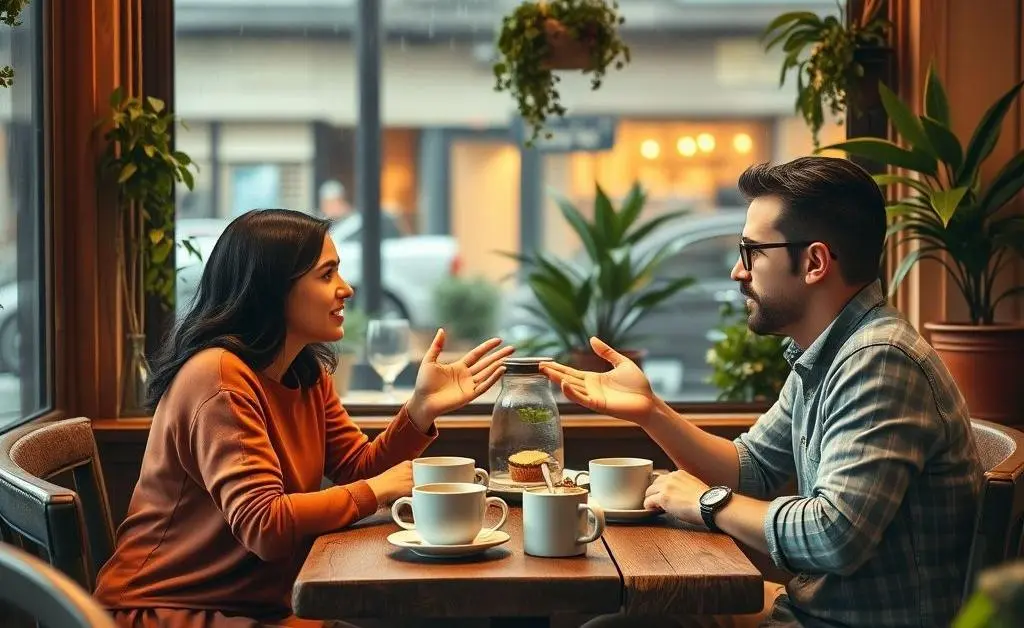 A cozy coffee shop scene where two friends are discussing financial plans, with focus on one talking about MP2 savings.