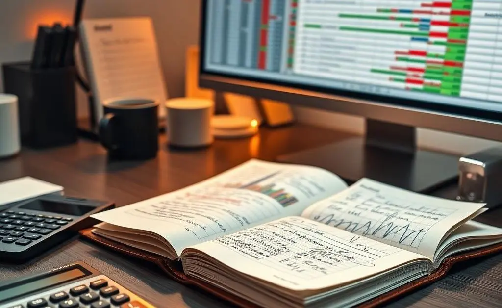 A desk with financial planning tools like a calculator and a computer