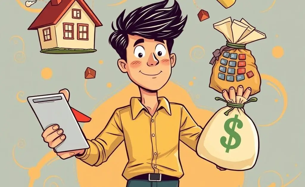 Person juggling various financial icons like a house, calculator, and money bag.