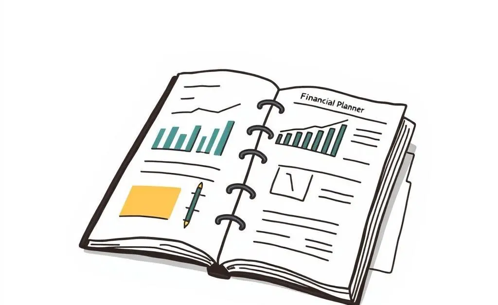 Table with a financial planner open, showing graphs and notes.