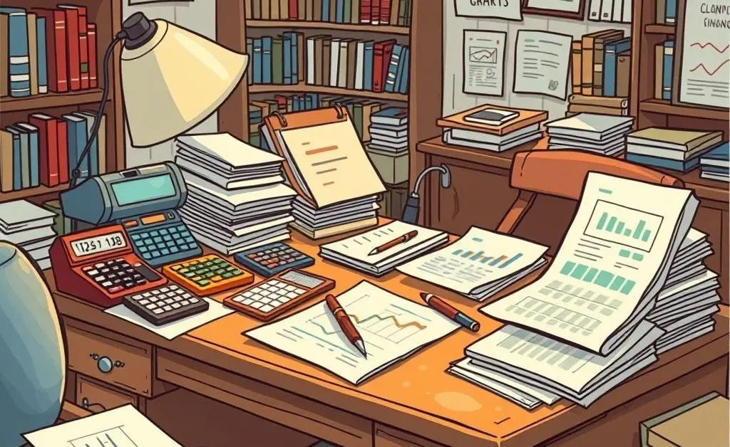 A cartoon-style, hand-drawn image of a desk covered with financial planning tools and papers.