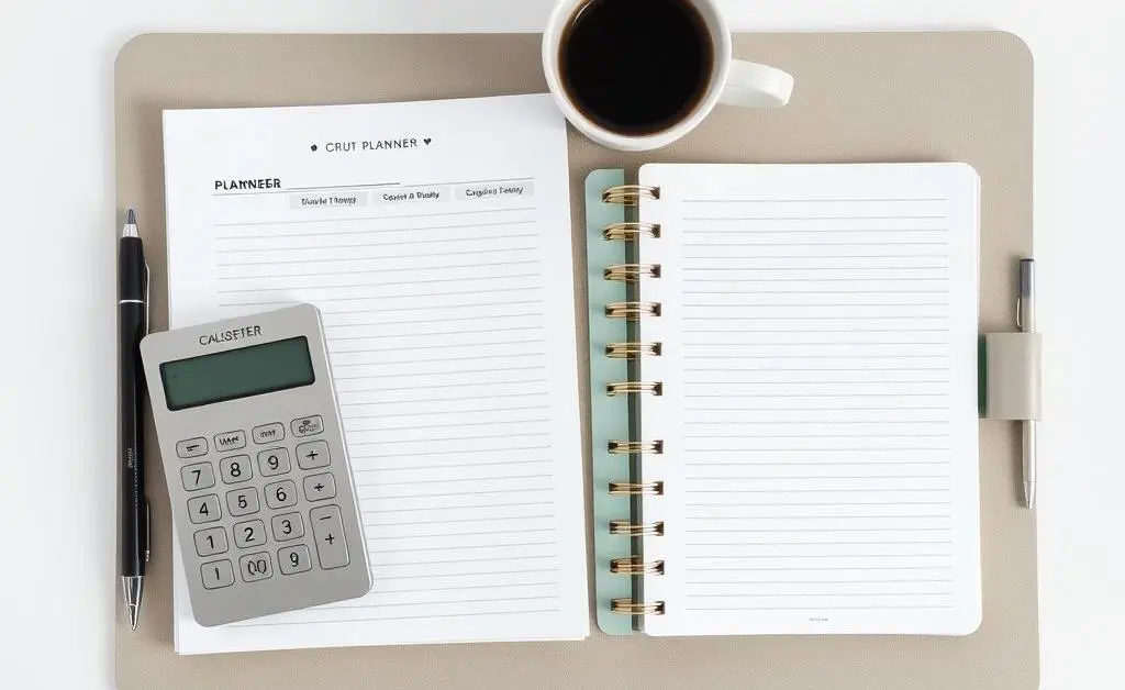 A minimalist desk setup with a planner, calculator, and coffee cup.