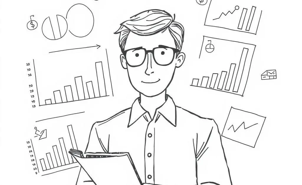 Hand-drawn sketch of a financial planner with charts and graphs.