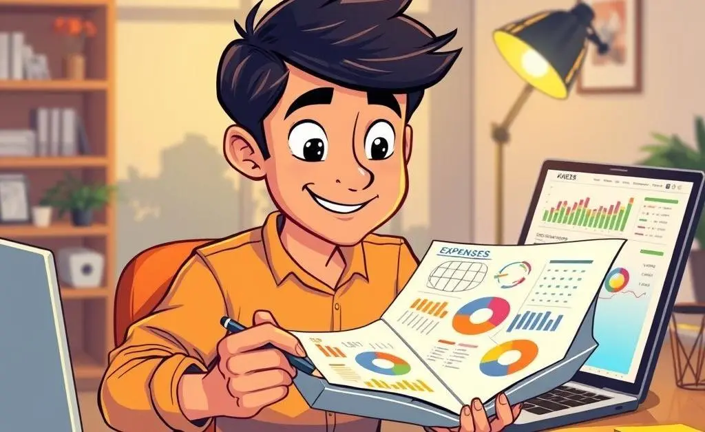 Person writing a budget plan on a notepad with charts