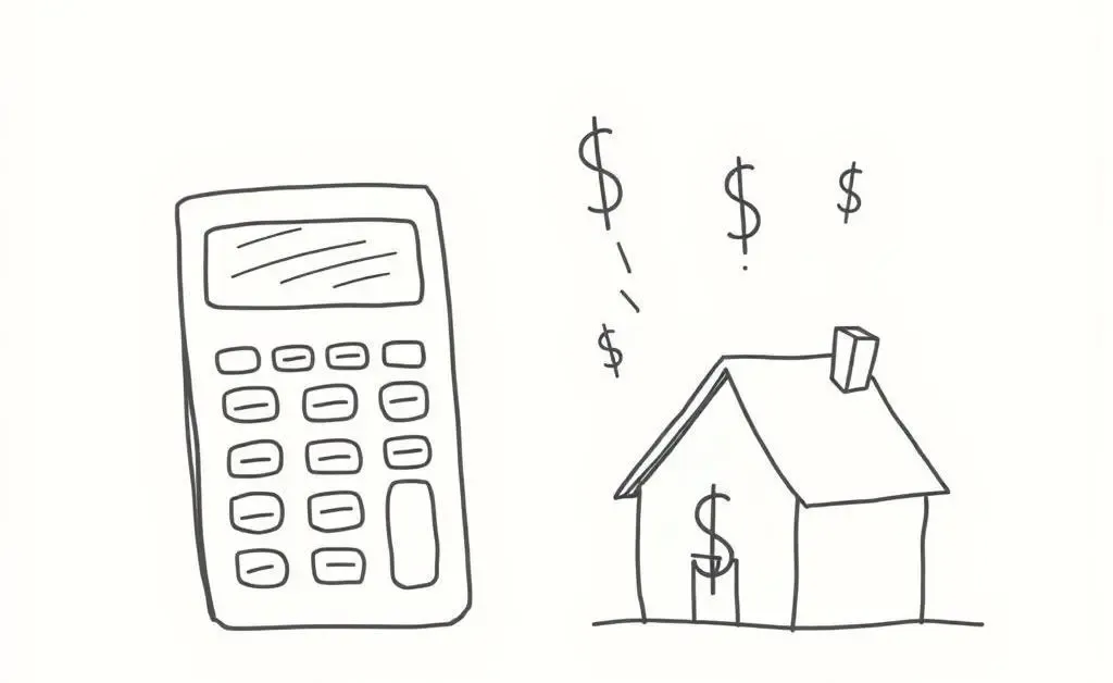 A minimalist, hand-drawn image of a calculator, house, and dollar signs illustrating financial planning