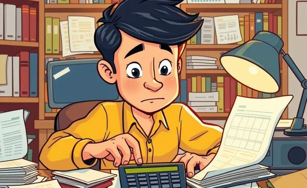 A cartoon-style image of a person calculating finances with a calculator and assorted papers on the table.