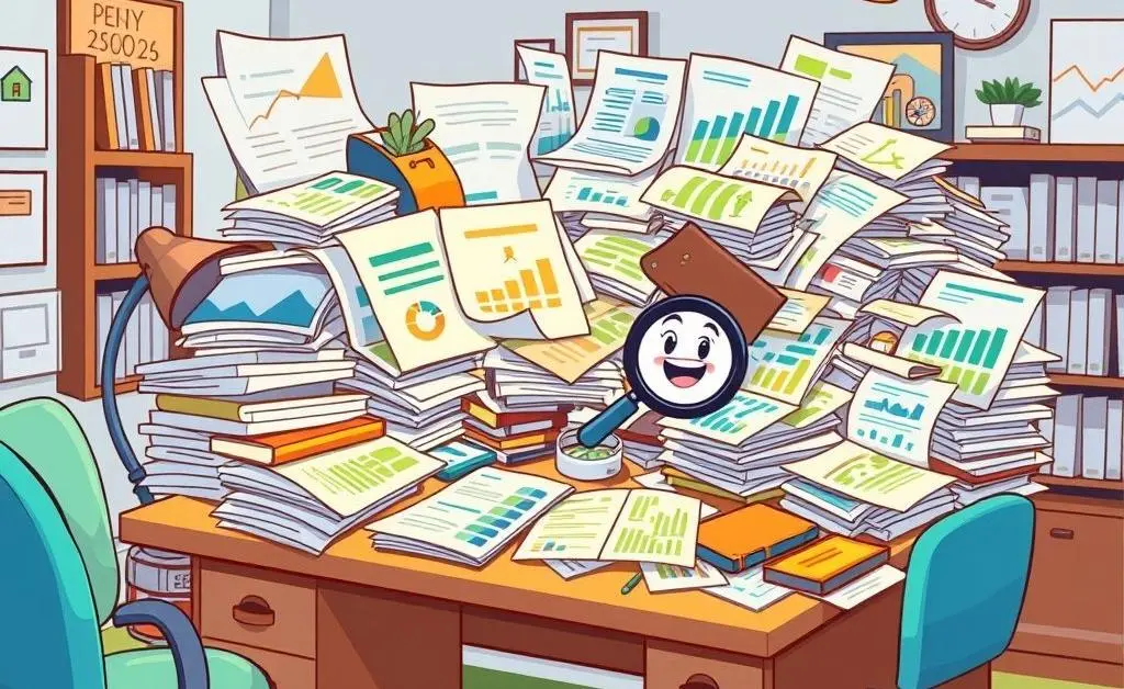Cartoon depiction of a desk covered in financial planning documents