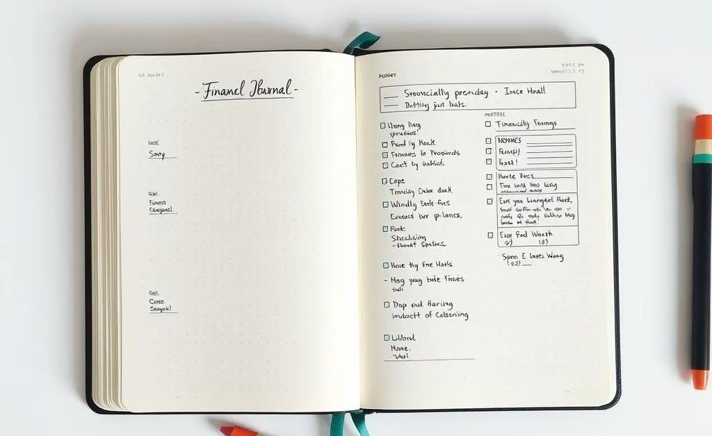 Open bullet journal with financial planning notes