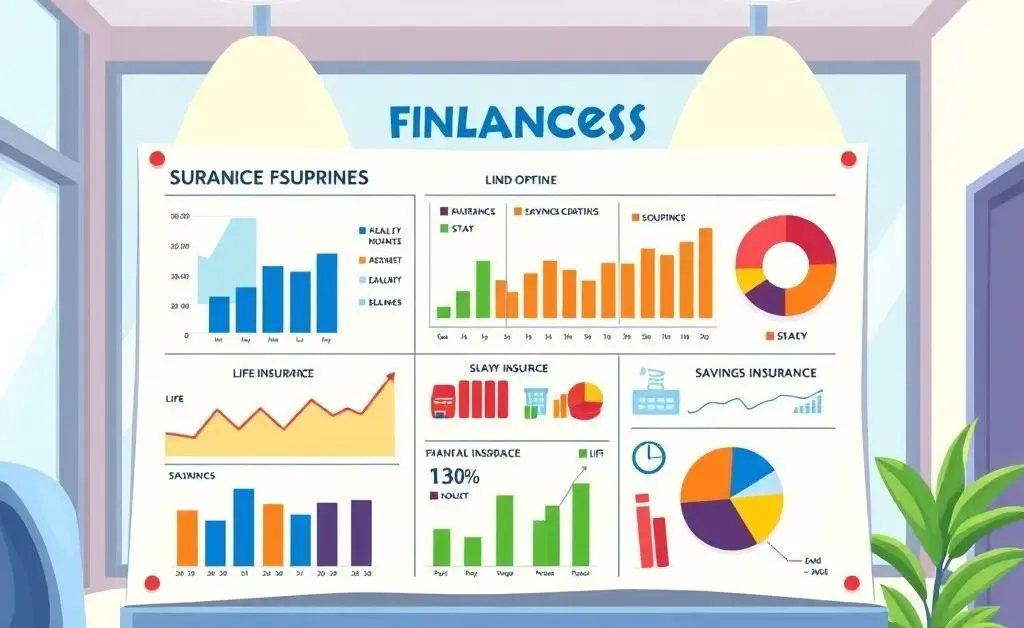 Cartoon-style illustration of a financial planning chart with colorful graphs showing insurance plan options.