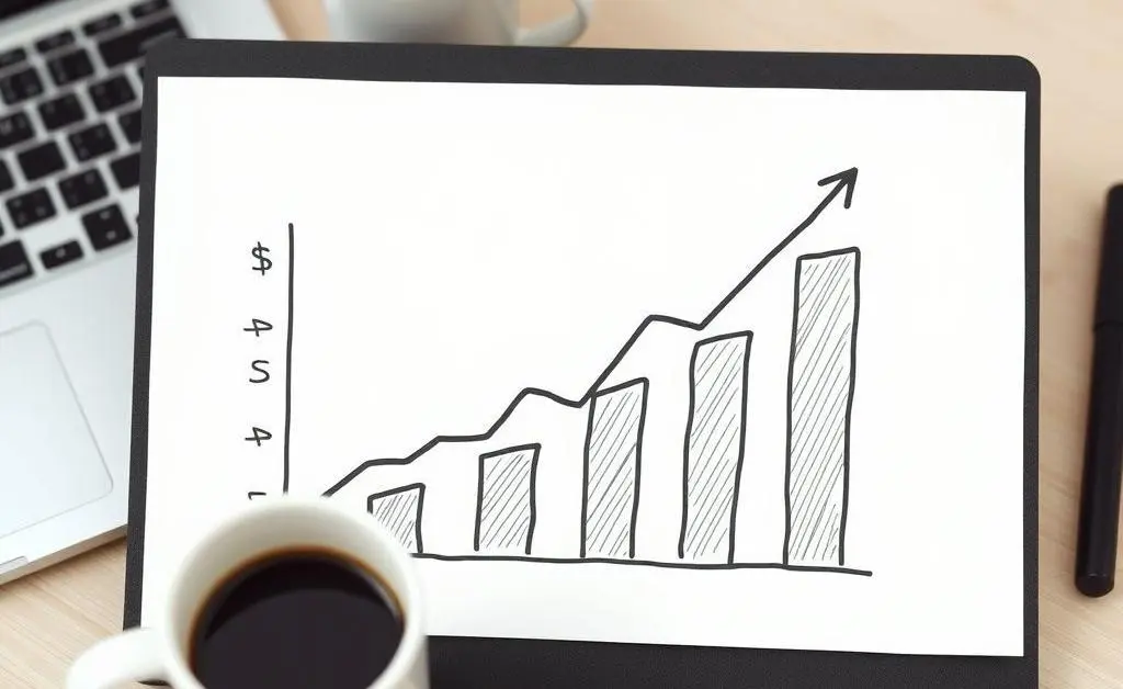 A hand-drawn chart showing financial growth on a desk with a coffee cup and laptop.