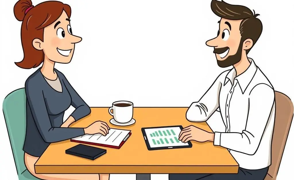 Cartoon of people discussing financial planning over coffee
