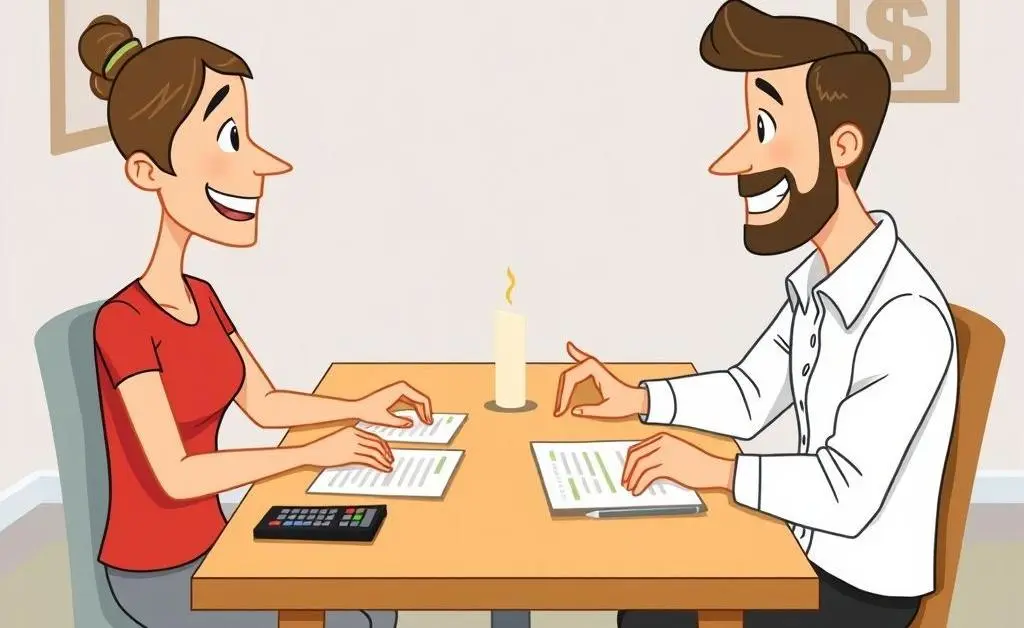 A cartoon-style image of a couple discussing finances at a dining table, surrounded by calculators and documents.