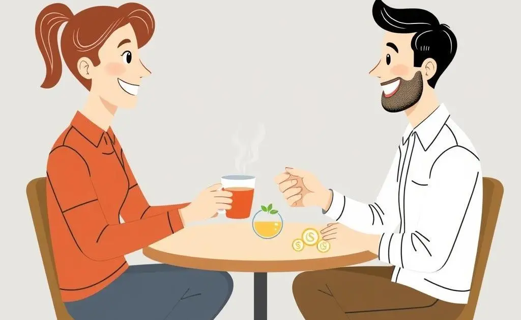 Illustration of two people having a friendly conversation over coffee about personal finance and investments