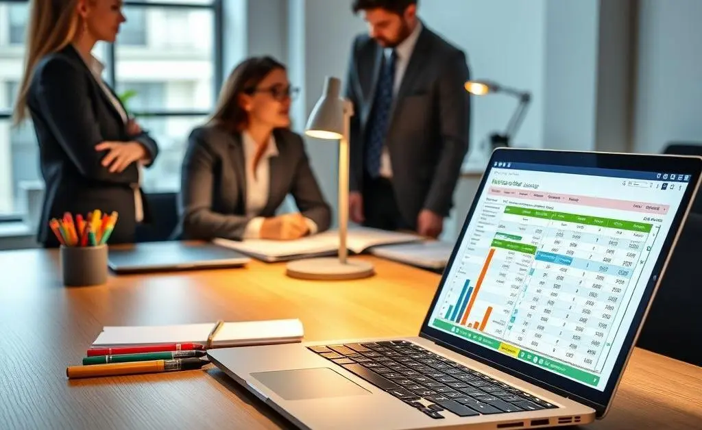 A desk with laptop and financial notes for personal budgeting