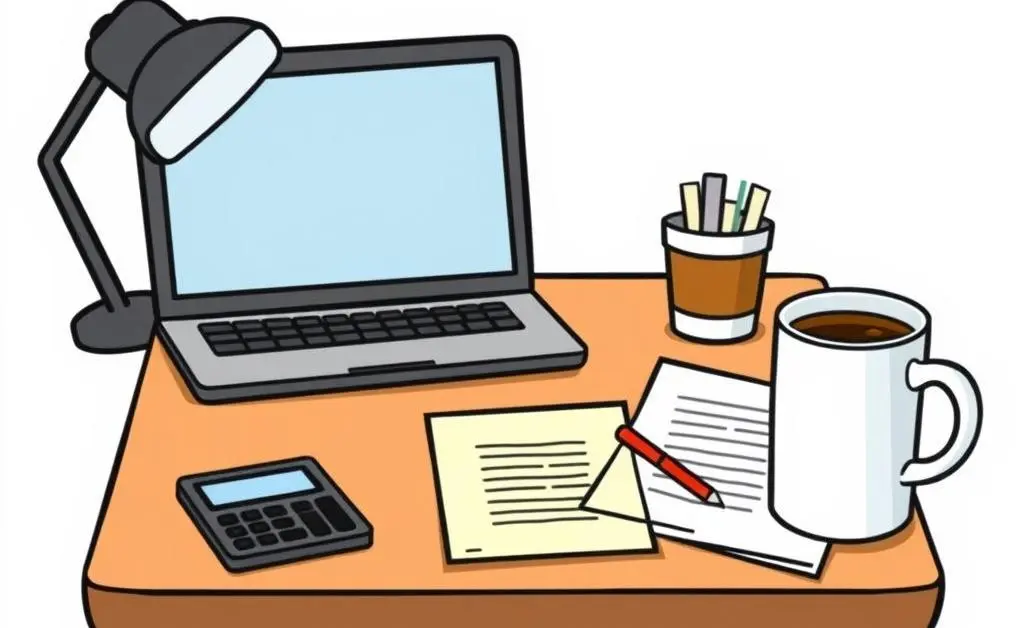 Cartoon-style image of a planning desk with a laptop and coffee cup