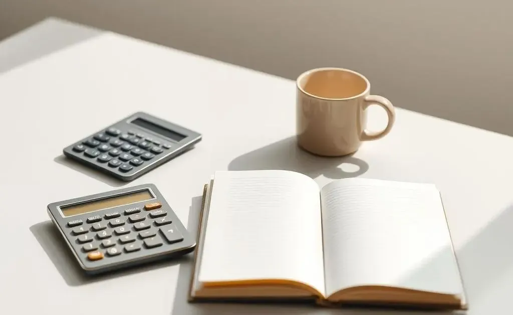 Clean, minimalist desk with budgeting and planning tools, such as a calculator, notepad, and coffee mug.