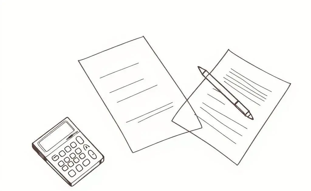 A minimalist, hand-drawn image of a desk with financial planning tools like calculators and papers scattered around.